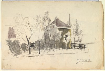 Wóz siana na podwórzu (rekto); Widok farmy (verso) autorstwa Johan Barthold Jongkind
