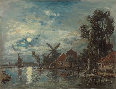 Światło księżyca nad ujściem rzeki, Holandia; Efekt księżyca nad ujściem rzeki, Holandia, 1867 autorstwa Johan Barthold Jongkind