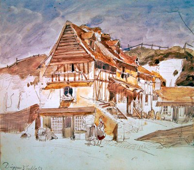 Stare domy w Dieppe, Normandia, Francja, 1851 (pióro, atrament i toaleta na papierze) autorstwa Johan Barthold Jongkind