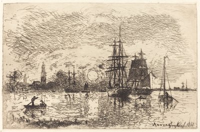 Zachód słońca, port w Antwerpii autorstwa Johan Barthold Jongkind