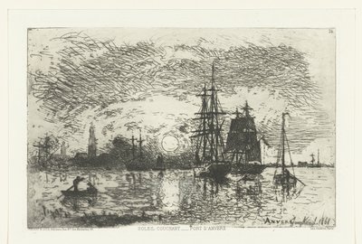 Zachód słońca w porcie w Antwerpii Soleil couchant - Port d