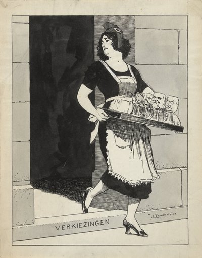 Projekt do ilustracji w De Amsterdammer: Holenderska Dziewica jako pokojówka z tacą kieliszków potyka się na schodach wyborczych (17 maja 1924) autorstwa Johan Braakensiek