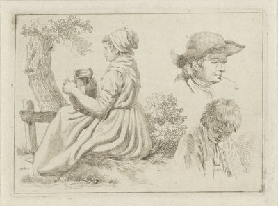 Siedząca kobieta z dzbanem, portret mężczyzny z fajką i chłopca autorstwa Johan Christiaan Willem Safft