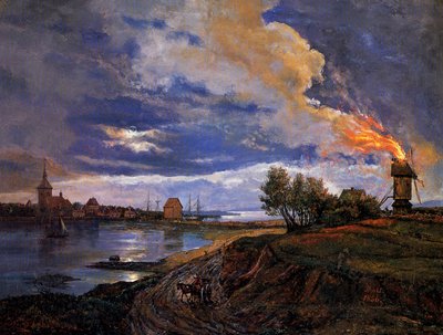 Płonący wiatrak w Stege autorstwa Johan Christian Dahl