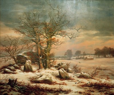 Megalityczny grób w pobliżu Vordingborg zimą autorstwa Johan Christian Dahl