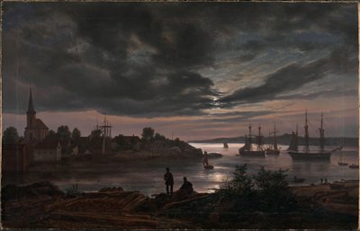 Norwegia:  Port Larvik w świetle księżyca Larvik by Moonlight autorstwa Johan Christian Dahl