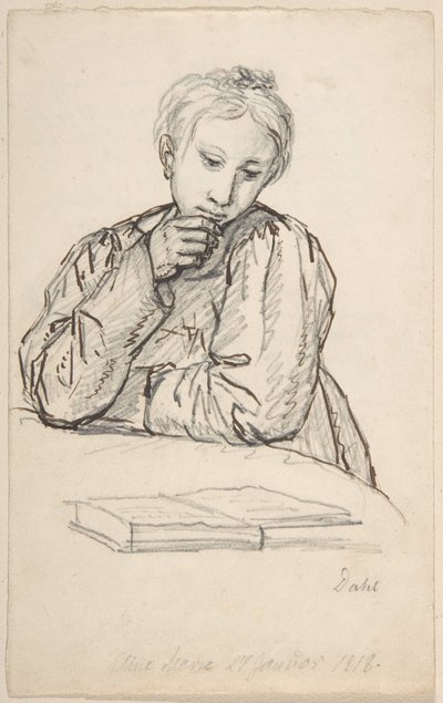 Portret Eline Marie Heger jako dziecka, opartej o stół i patrzącej na książkę autorstwa Johan Christian Dahl