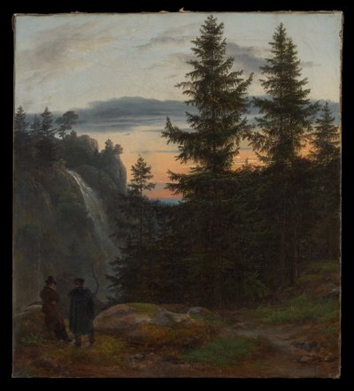 Dwaj mężczyźni przed wodospadem o zachodzie słońca autorstwa Johan Christian Dahl