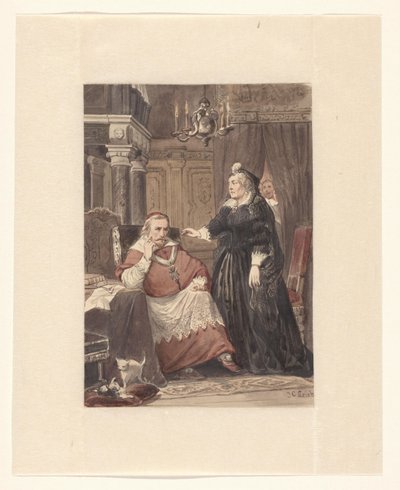 Dwie osoby we wnętrzu, prawdopodobnie Maria de Medici i kardynał de Richelieu autorstwa Johan Coenraad Leich (signed by artist)