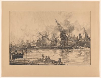 Widok na port w Rotterdamie z różnymi dźwigami autorstwa Johan Hendrik van Mastenbroek (signed by artist)