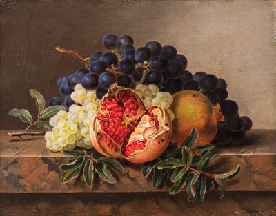 Granaty i zielone i niebieskie winogrona na marmurowej ramie, 1833 r. autorstwa Johan Laurentz Jensen