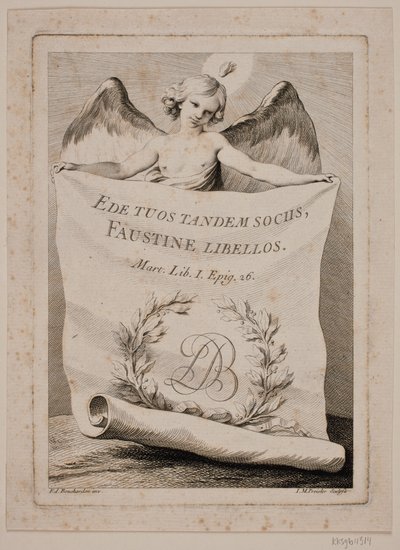 Miedź tytułowa z aniołem trzymającym duży papier autorstwa Johan Martin Preisler