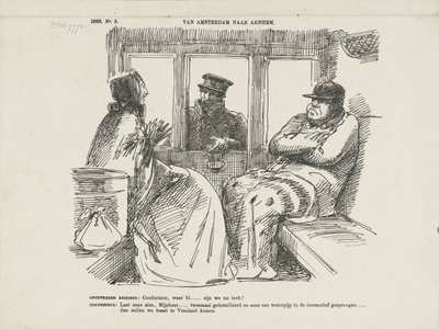 Karykatura wielu wypadków na Rhijnspoorweg, 1866 r. Z Amsterdamu do Arnhem (tytuł na obiekcie) autorstwa Johan Michaël Schmidt Crans