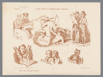 Karykatura różnych typów czytelników gazet, 1870 Niektórzy czytelnicy holenderskich gazet (tytuł na obiekcie) autorstwa Johan Michaël Schmidt Crans