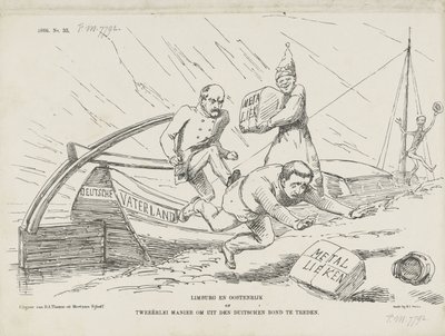Karykatura o Bismarcku i Związku Niemieckim, 1866 Limburgia i Austria czyli dwa sposoby na opuszczenie Związku Niemieckiego (tytuł na obiekcie) autorstwa Johan Michaël Schmidt Crans