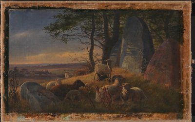 Scena wieczorna z owcami na kopcu autorstwa Johan Thomas Lundbye