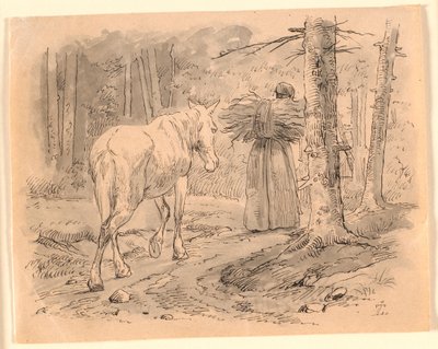 Żona i koń. Ilustracja do "Bajek dla dzieci" Kaalunda. Zobacz komentarz z katalogu arkuszy. autorstwa Johan Thomas Lundbye