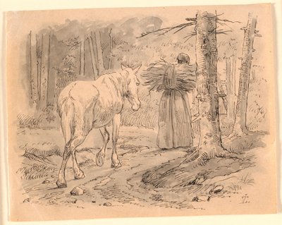 Żona i koń. Ilustracja do "Bajek dla dzieci" Kaalunda. Zobacz komentarz z katalogu arkuszy. autorstwa Johan Thomas Lundbye