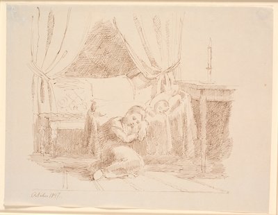 Wnętrze sypialni z małą dziewczynką siedzącą na podłodze i śpiącą, opartą o kołyskę ze śpiącym dzieckiem autorstwa Johan Thomas Lundbye