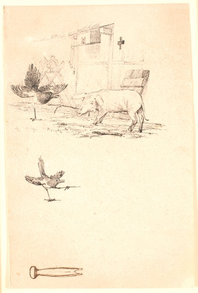 Bocian i świnia. Poniżej studium uszkodzenia i kawałek narzędzia. Ilustracja do "Bajek dla dzieci" Kaalunda. Zobacz komentarz z katalogu arkuszy. autorstwa Johan Thomas Lundbye