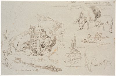 Czasopismo Study z Vognserup. T. v. pasterz (stary Rasmus Larsen) siedzący z psem przy stawie. Narodziny studium krajobrazu z nazwami miejscowości. W tym dwie świnie. T.m.f. badanie trzcin w jeziorze. W tym królewska roślina świec i badanie lochy autorstwa Johan Thomas Lundbye