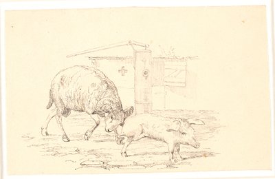 Baran i świnia. Ilustracja do "Bajek dla dzieci" Kaalunda. Zobacz komentarz z katalogu arkuszy. autorstwa Johan Thomas Lundbye