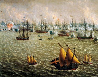 Bitwa pod Skargardem pomiędzy flotą szwedzką i rosyjską z powodu panowania Szwecji nad Finlandią, 10 lipca 1790, Johan Tietrich Schoultz (1754-1807), wojny rosyjsko-szwedzkie autorstwa Johan Tietrich Schoultz