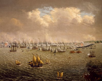 Bitwa pod Skargardem pomiędzy flotą szwedzką i rosyjską z powodu panowania Szwecji nad Finlandią, 10 lipca 1790, Johan Tietrich Schoultz (1754-1807), wojny rosyjsko-szwedzkie autorstwa Johan Tietrich Schoultz