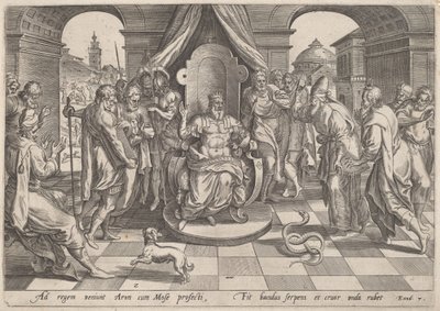Mojżesz i Aaron przed faraonem autorstwa Johan Wierix, after Maarten van Cleef