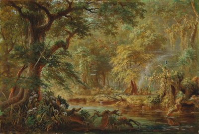 Brazylijski obóz Indian nad rzeką w lesie deszczowym autorstwa Johann Adolf Höffler