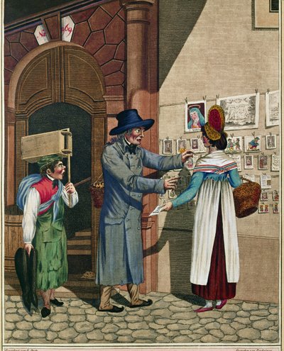 Handlarz popularnymi balladami i drukami, uczeń szewski, z serii wiedeńskich typów około 1810 roku ... autorstwa Johann Adolph Opitz