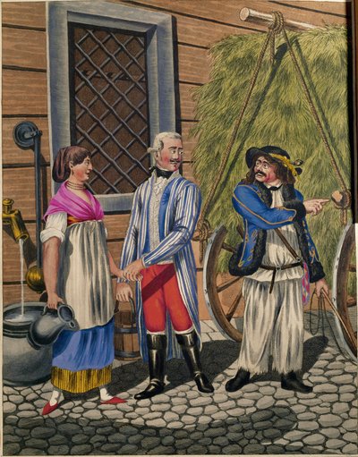 Woźnica szlachcica, służąca i sprzedawca siana, z serii typów wiedeńskich ... autorstwa Johann Adolph Opitz