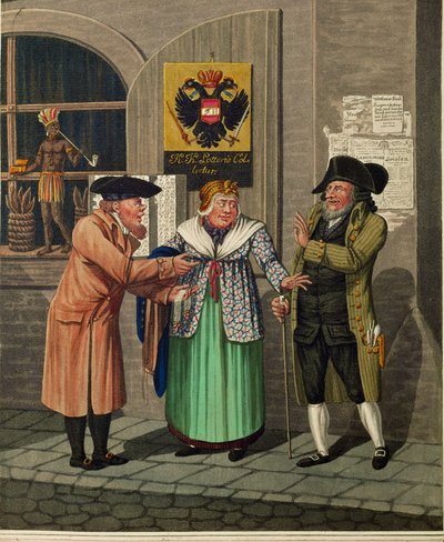 Trzech wiedeńskich Żydów przed biurem loterii państwowej i sklepem tytoniowym ... autorstwa Johann Adolph Opitz