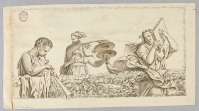 Satyr grający na flecie, dziewczyna z cymbałami, kobieta z książką autorstwa Johann August Nahl the Younger