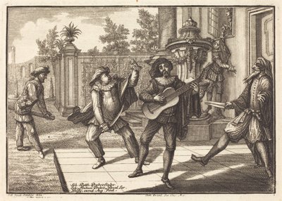 Scaramouche rozprasza Pantalona autorstwa Johann Balthasar Probst after Johann Jacob Schübler