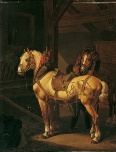 Dwa konie pociągowe w stajni autorstwa Johann Baptist Michael Dallinger von Dalling