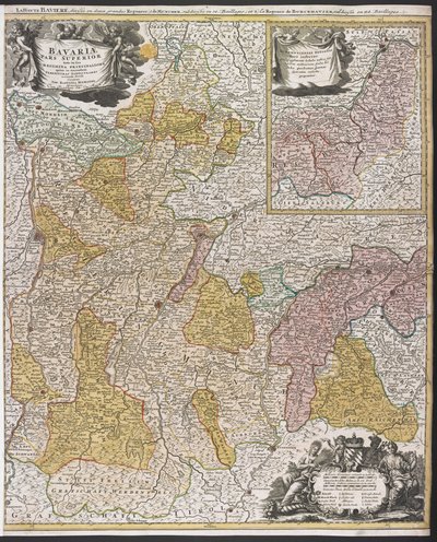 Mapa Bawarii, „Bavariæ Pars Superior”, po 1715 r. (kolorowy grawerunek) autorstwa Johann Baptista Homann