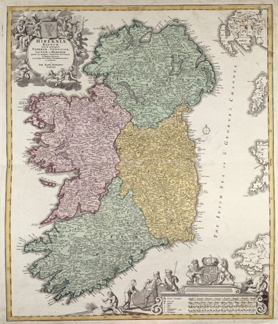 Mapa Irlandii przedstawiająca prowincje Ulster, Munster, Connaught i Leinster, autorstwa Johanna B. Homanna, ok. 1730 r. (rycina ręcznie kolorowana) autorstwa Johann Baptista Homann