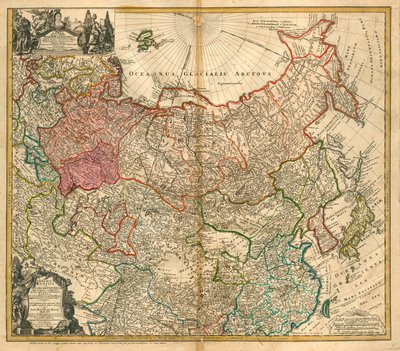 Mapa Rosji (Od: Mapa Imperium Rosyjskiego i Tataru po całą Azję Mniejszą i Europę) - Homann, Johann Baptist (1663-1724) - 1738 - Miedzioryt, akwarela - Kolekcja prywatna autorstwa Johann Baptista Homann