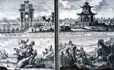 Cztery widoki przedstawiające chiński łuk triumfalny, pagodę w Sinkicien w prowincji Xantum, sztuczne góry i jaskinie oraz most łańcuchowy w pobliżu miasta Kingtung w Chinach, z dzieła „Entwurf einer historischen Architektur”, rytego przez Johanna Adama De autorstwa Johann Bernhard (after) Fischer von Erlach