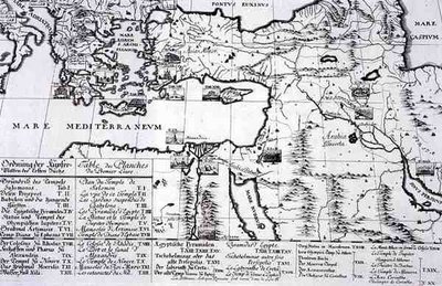 Mapa miejscowości cytowanych w I księdze „Projektowanie architektury historycznej” autorstwa Johann Bernhard (after) Fischer von Erlach