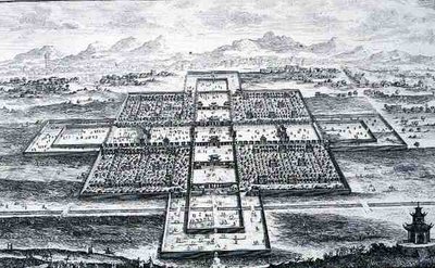 Widok perspektywiczny Pałacu Cesarskiego, Pekin, Chiny, z „Planu architektury historycznej”, rytego przez Johanna Adama Delsenbacha (1687-1765) 1721 (grafika) autorstwa Johann Bernhard (after) Fischer von Erlach