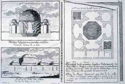 Plan, elewacja i przekrój łaźni cesarskich, Budapeszt, Węgry, z „Planu architektury historycznej” autorstwa Johann Bernhard (after) Fischer von Erlach