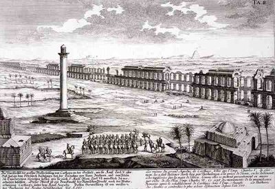 Ruiny Wielkiego Akweduktu w Kartaginie, z książki "Entwurf einer historischen Architektur". autorstwa Johann Bernhard (after) Fischer von Erlach
