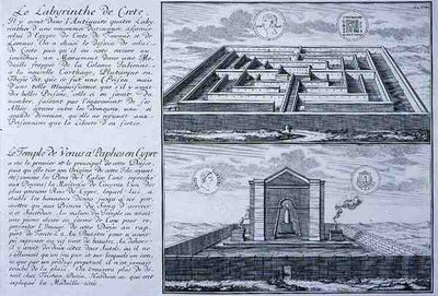 Labirynt na Krecie i Świątynia Wenus w Pafos na Cyprze, oba zaczerpnięte z projektów znalezionych na starożytnych monetach rzymskich z „Entwurf einer historischen Architektur” autorstwa Johann Bernhard (after) Fischer von Erlach