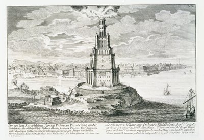 Faros z Aleksandrii, tablica 9 z „Projekt architektury historycznej”, sztych. Johann Adam Delsenbach (1687-1765) 1721 (rycina) autorstwa Johann Bernhard (after) Fischer von Erlach