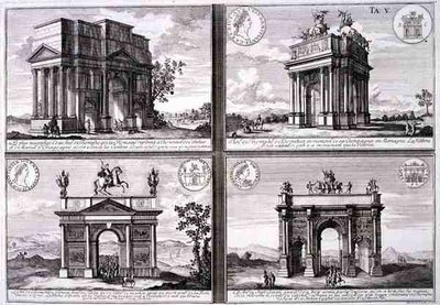 Łuk triumfalny Katulusa i Mariusza w Orange, Łuk Domicjana, Łuk Drususa i Łuk Septymiusza Sewera, z "Entwurf einer historischen Architektur", rycina Johanna Adama Delsenbacha (1687-1765) autorstwa Johann Bernhard (after) Fischer von Erlach