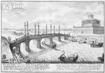 Most Eliusza i Mauzoleum Hadriana (Zamek Świętego Anioła), Rzym, z „Projektu architektury historycznej”, 1721 autorstwa Johann Bernhard Fischer von Erlach