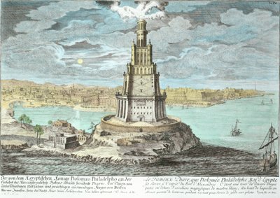 Latarnia morska w Aleksandrii, zbudowana przez Ptolemeusza Wielkiego (36-po 30 pne), Egipt, z Entwurf einer historischen Architektur, rytowana przez Johanna Adama Delsenbacha (1687-1765) 1721 (później kolor autorstwa Johann Bernhard Fischer von Erlach