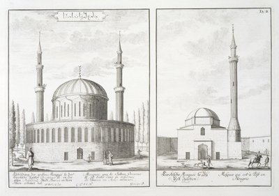 Widok meczetu w Bursie i meczetu na Węgrzech, z „Planu architektury historycznej”, 1721 autorstwa Johann Bernhard Fischer von Erlach